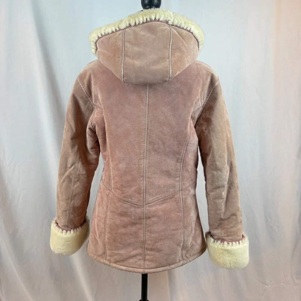 Wilsons Leather Pink Suede‎ Hooded Jacket Faux Fur Shearling Lined Dusty Rose